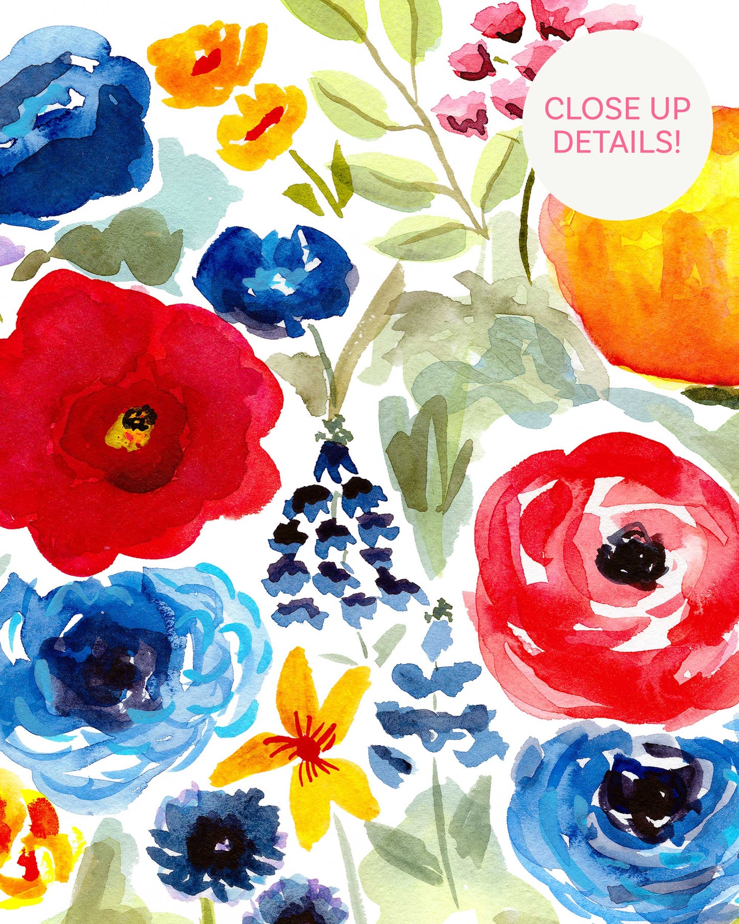 close up details showing whimsical watercolor florals in reds, blues, greens, and yellows