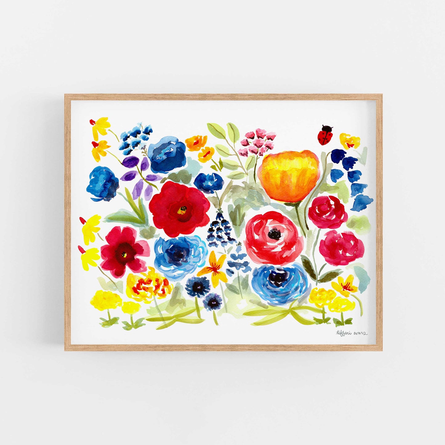 whimsical watercolor flowers art print shown in an 8x10 frame
