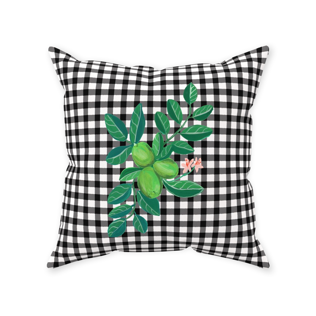 Lime on Black and White Gingham Throw Pillow