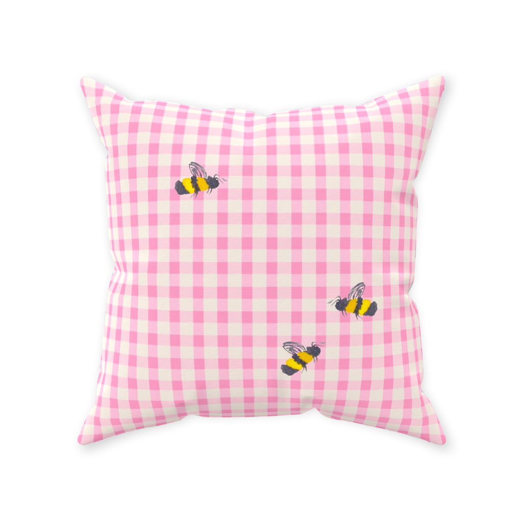Pink Gingham and Bumblebees Throw Pillow