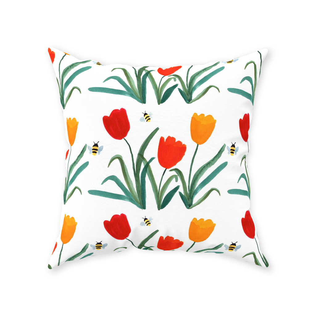 Tulips and Bees Throw Pillow