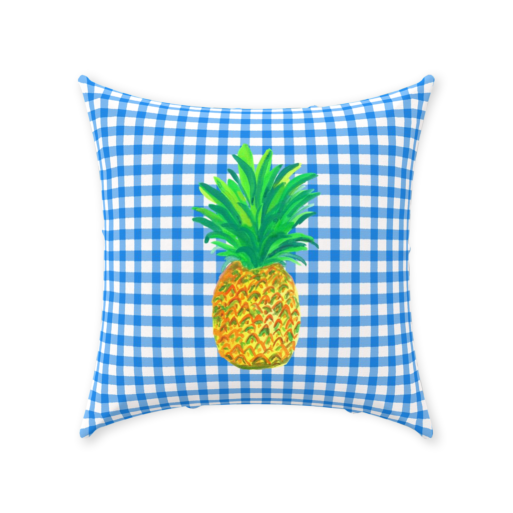 Blue Gingham and Pineapple Throw Pillow