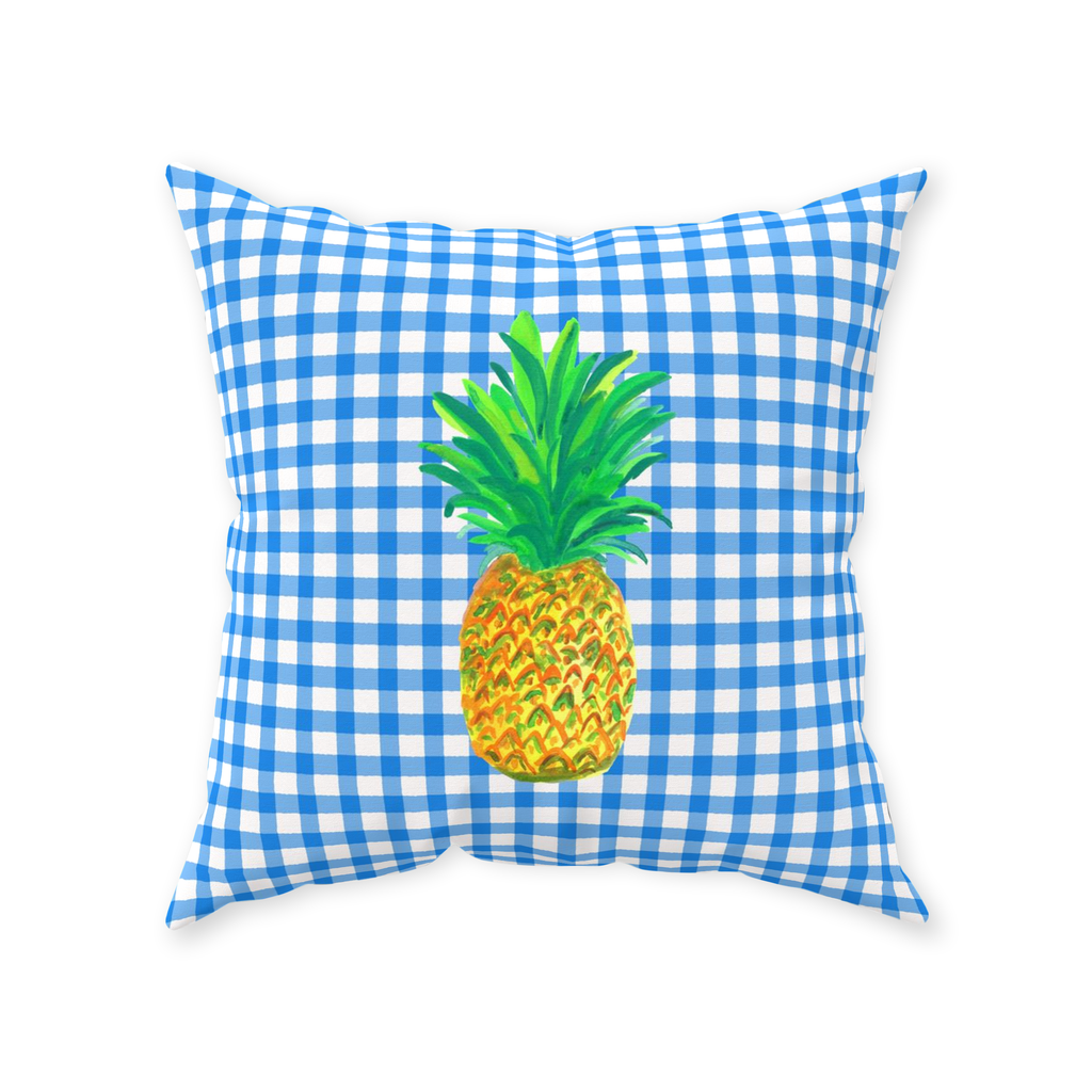 Blue Gingham and Pineapple Throw Pillow