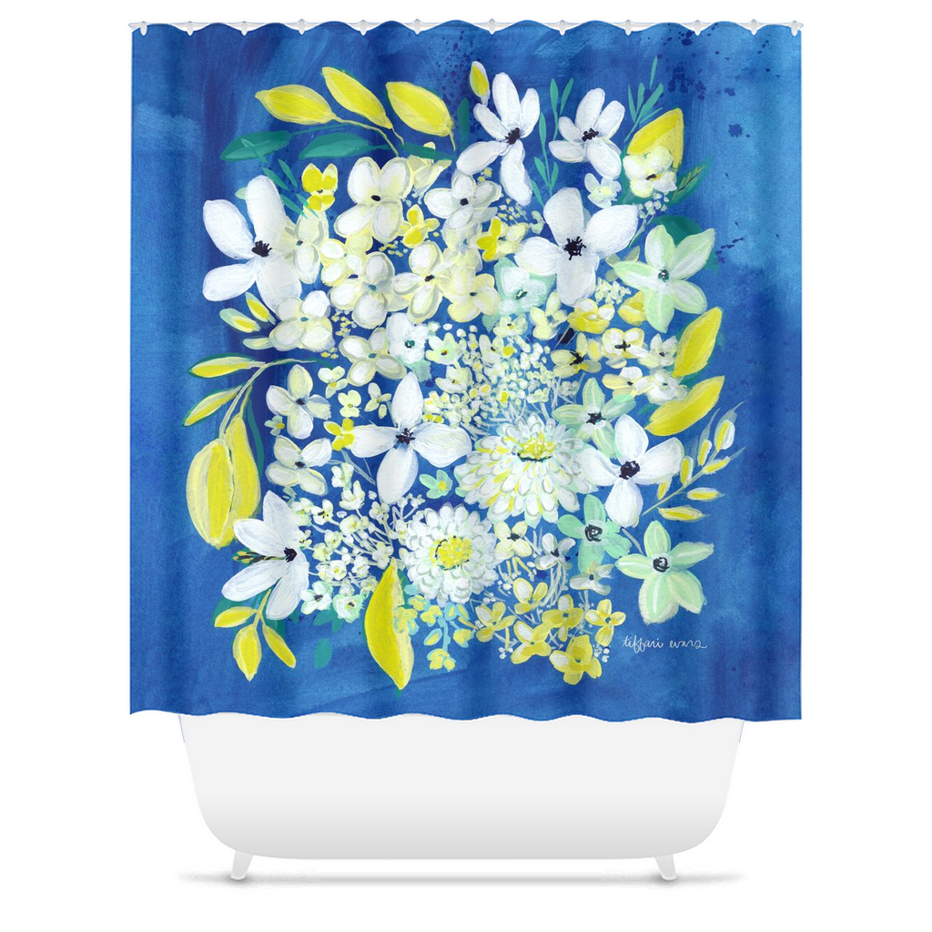 White and Lime Flower Burst Shower Curtain