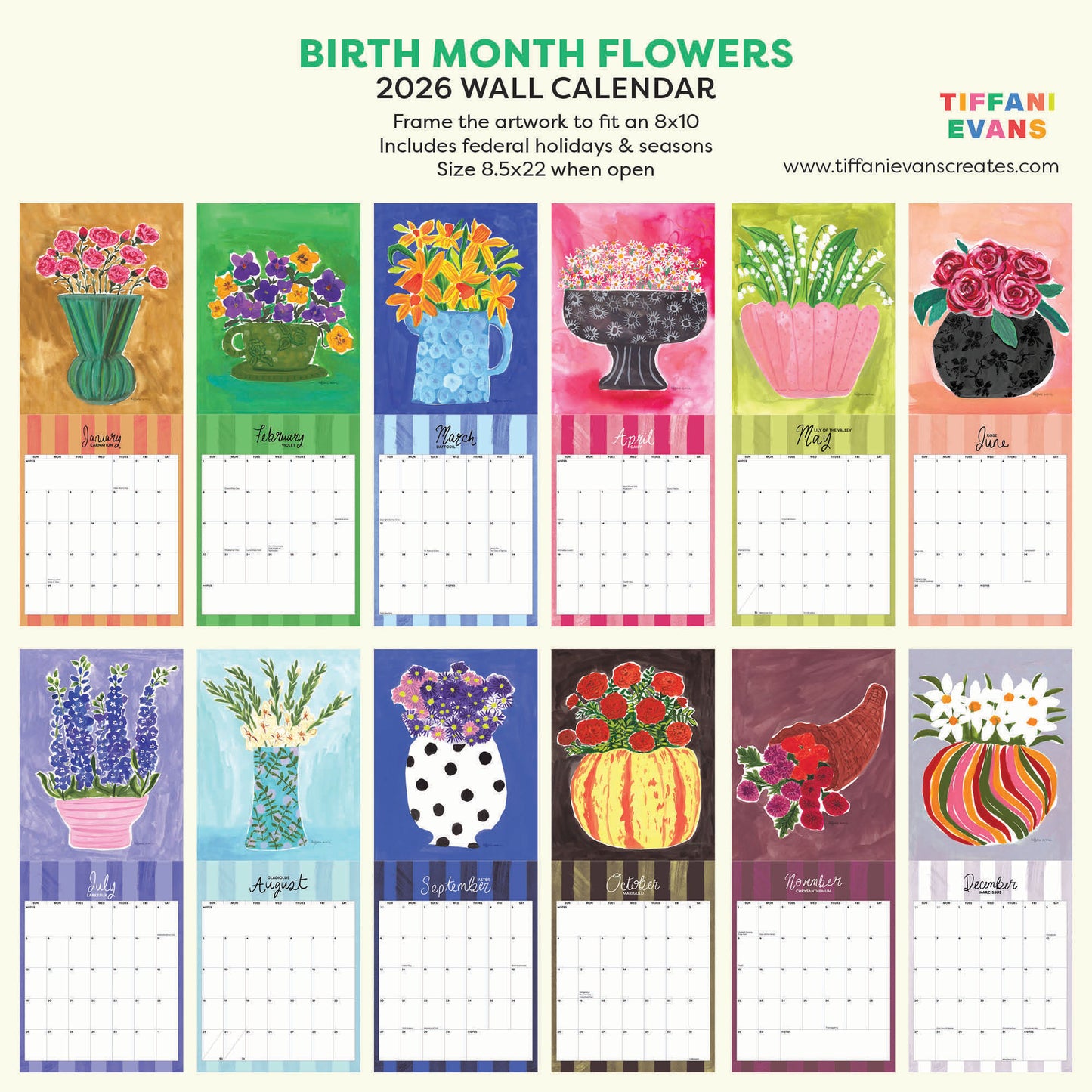 2026 Birth Month Flowers Wall Calendar with Framable 8x10 Art
