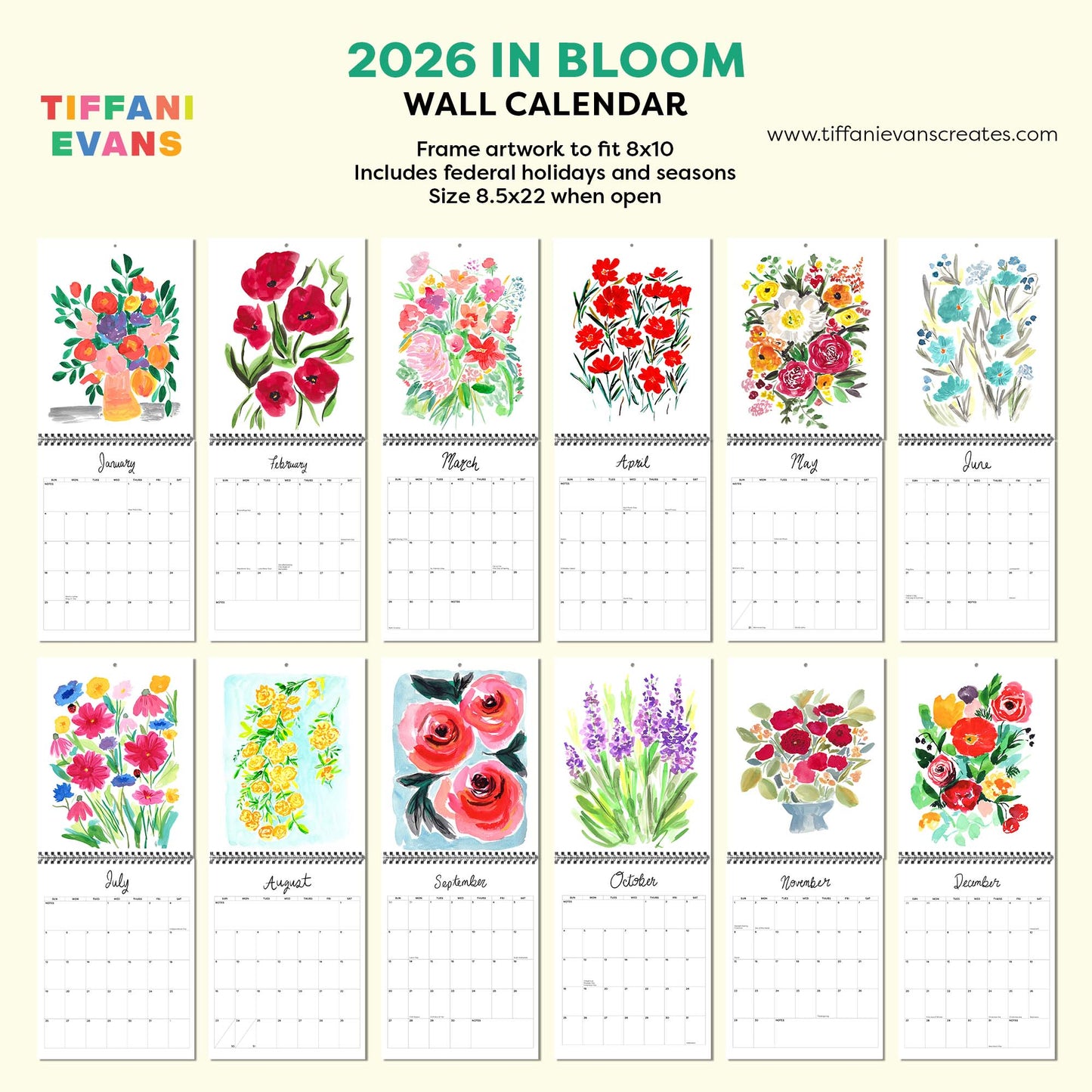 2026 in Bloom Wall Calendar with Framable 8x10 Art