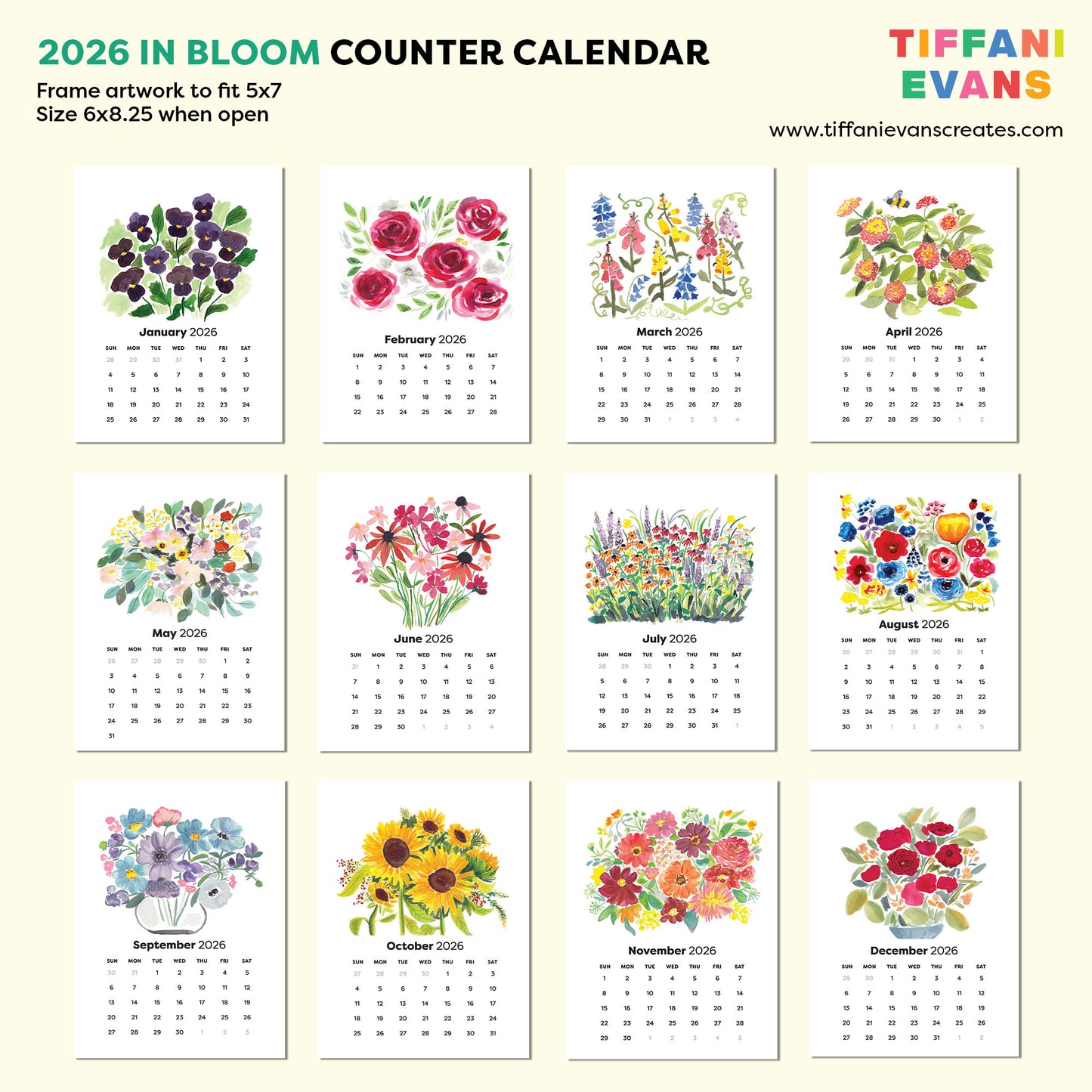 2026 in Bloom Counter Calendar with Framable 5x7 Art