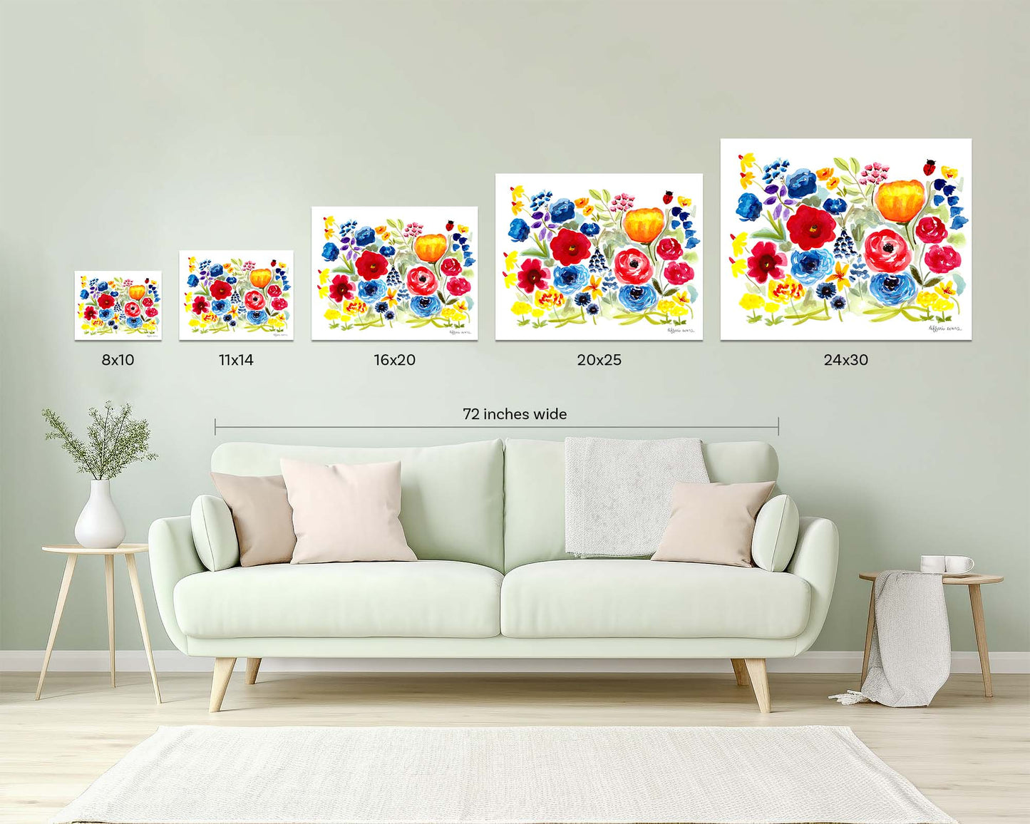 various art print sizes on a wall to showcase sizing difference between 8x10, 11x14, 16x20, 20x25, 24x30