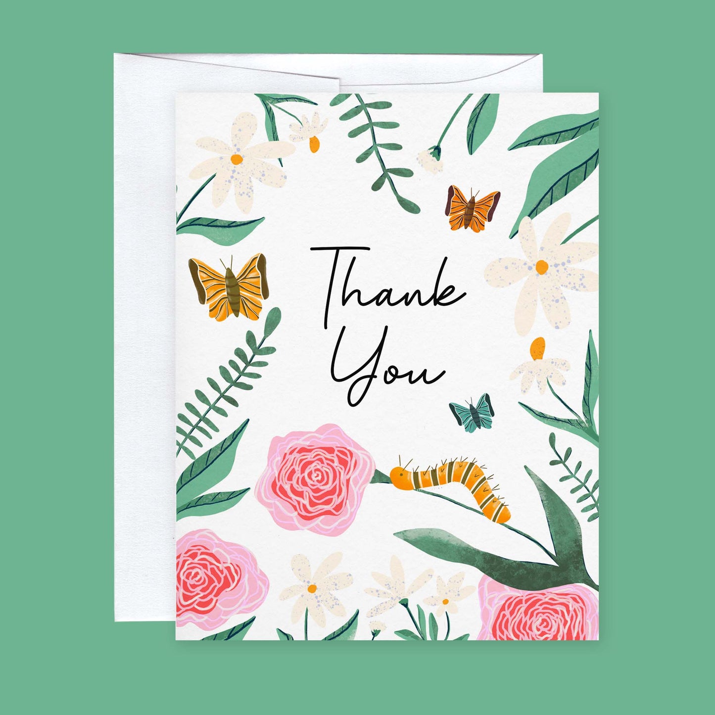 Thank You with Flowers, Butterflies, and Inchworm Note Cards