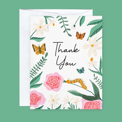 Thank You with Flowers, Butterflies, and Inchworm Note Card