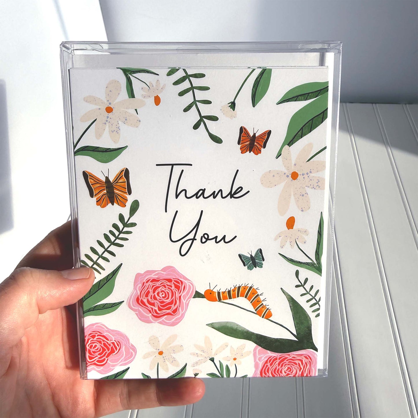 Thank You with Flowers, Butterflies, and Inchworm Note Cards