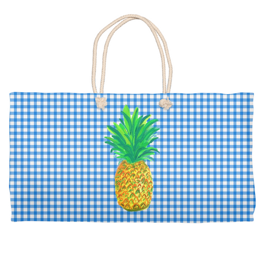 Pineapple on Blue Gingham Weekender Totes