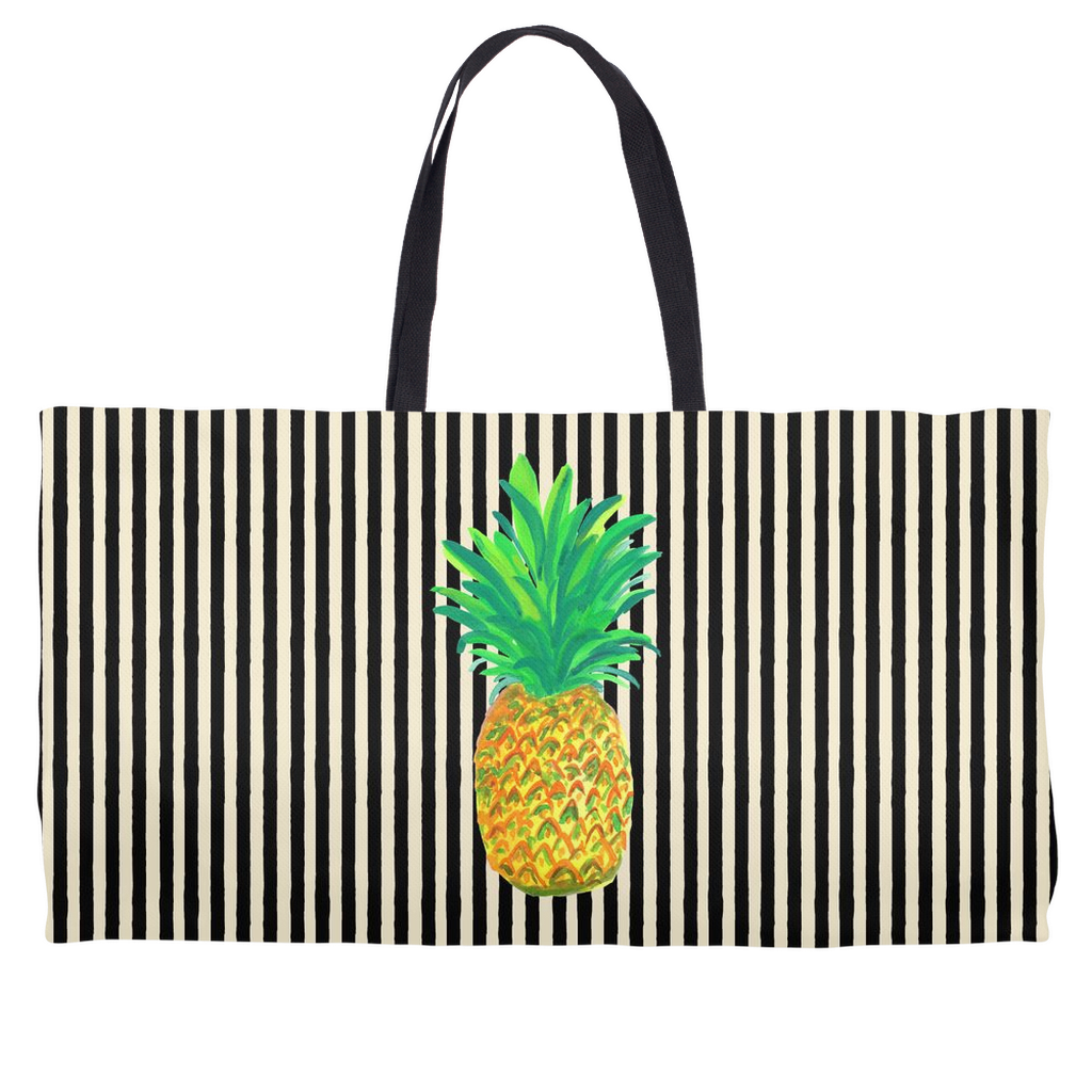 Pineapple on Black and White Stripes Weekender Totes