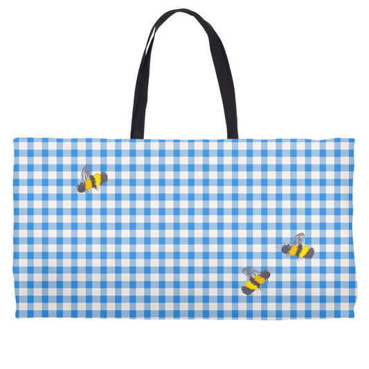 Blue Gingham and Bumble Bees Weekender Totes