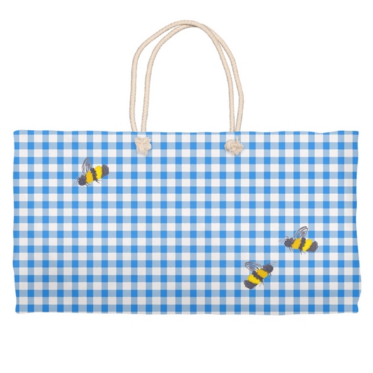 Blue Gingham and Bumble Bees Weekender Totes