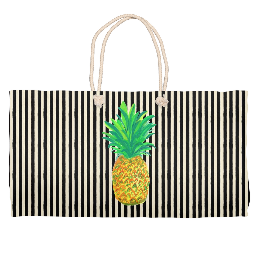 Pineapple on Black and White Stripes Weekender Totes