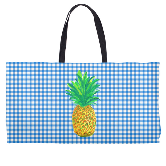 Pineapple on Blue Gingham Weekender Totes