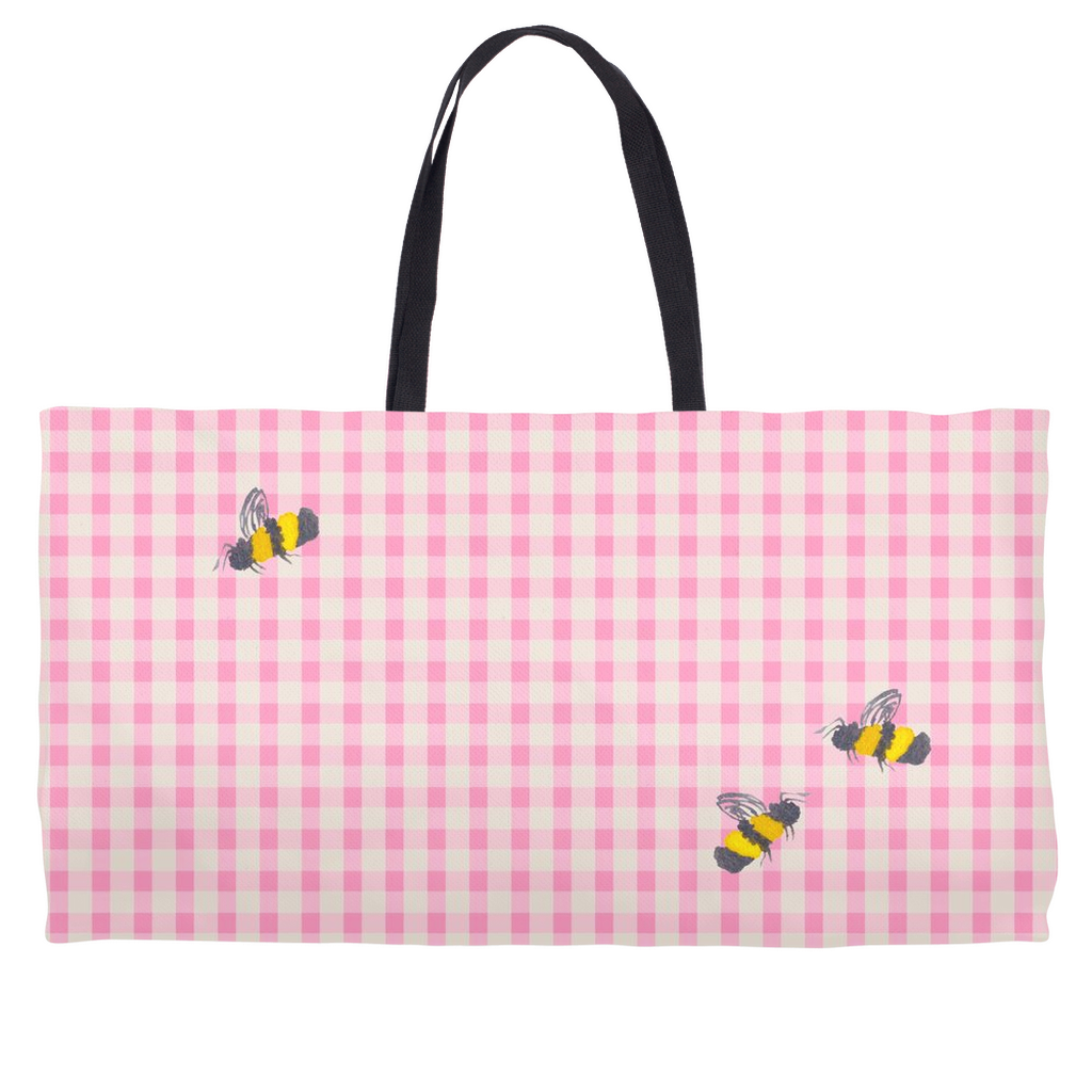 Pink Gingham and Bumble Bees Weekender Totes