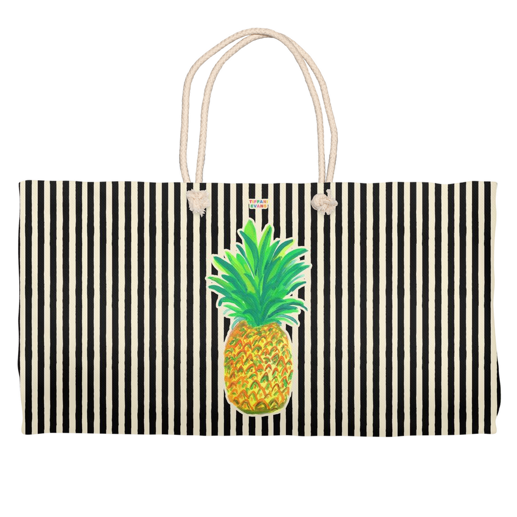 Pineapple on Black and White Stripes Weekender Totes