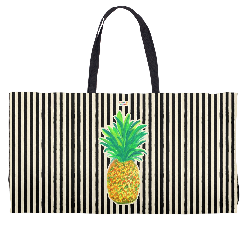 Pineapple on Black and White Stripes Weekender Totes