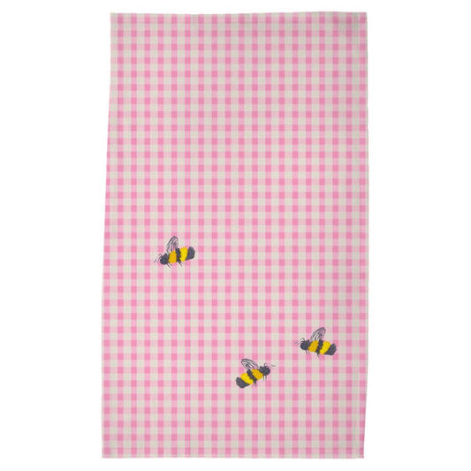 Pink Gingham and Bumble Bees Tea Towel