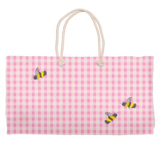 Pink Gingham and Bumble Bees Weekender Totes