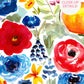 close up details showing whimsical watercolor florals in reds, blues, greens, and yellows