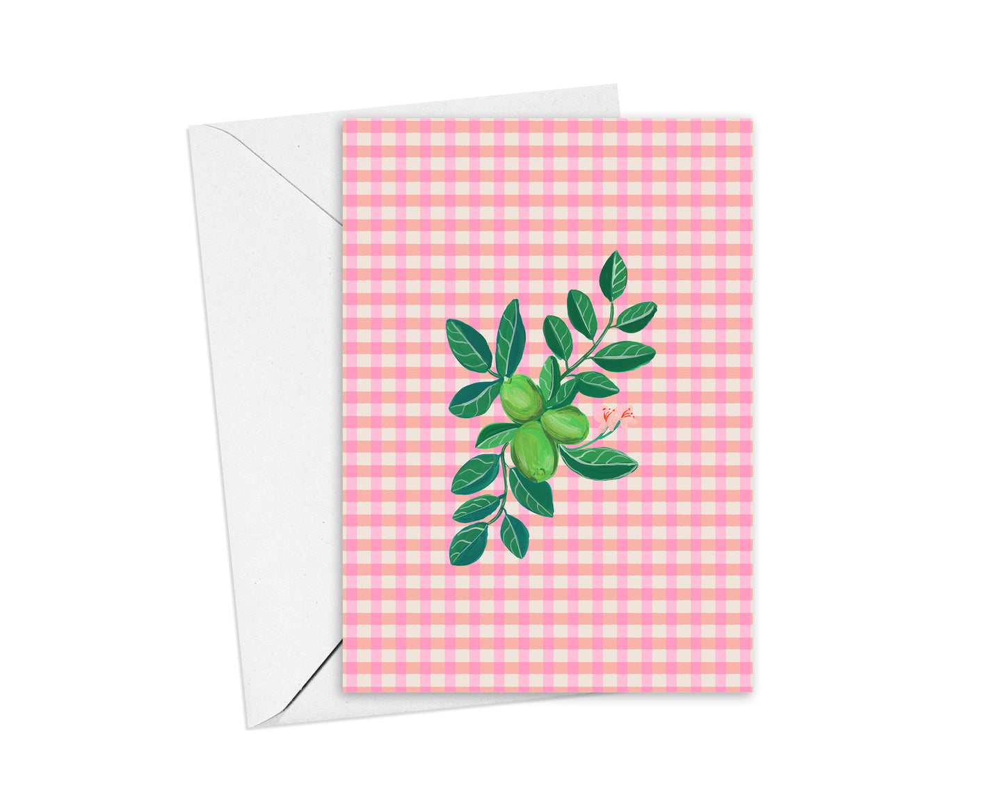 Lime Branch on Pink Gingham Stationery Cards