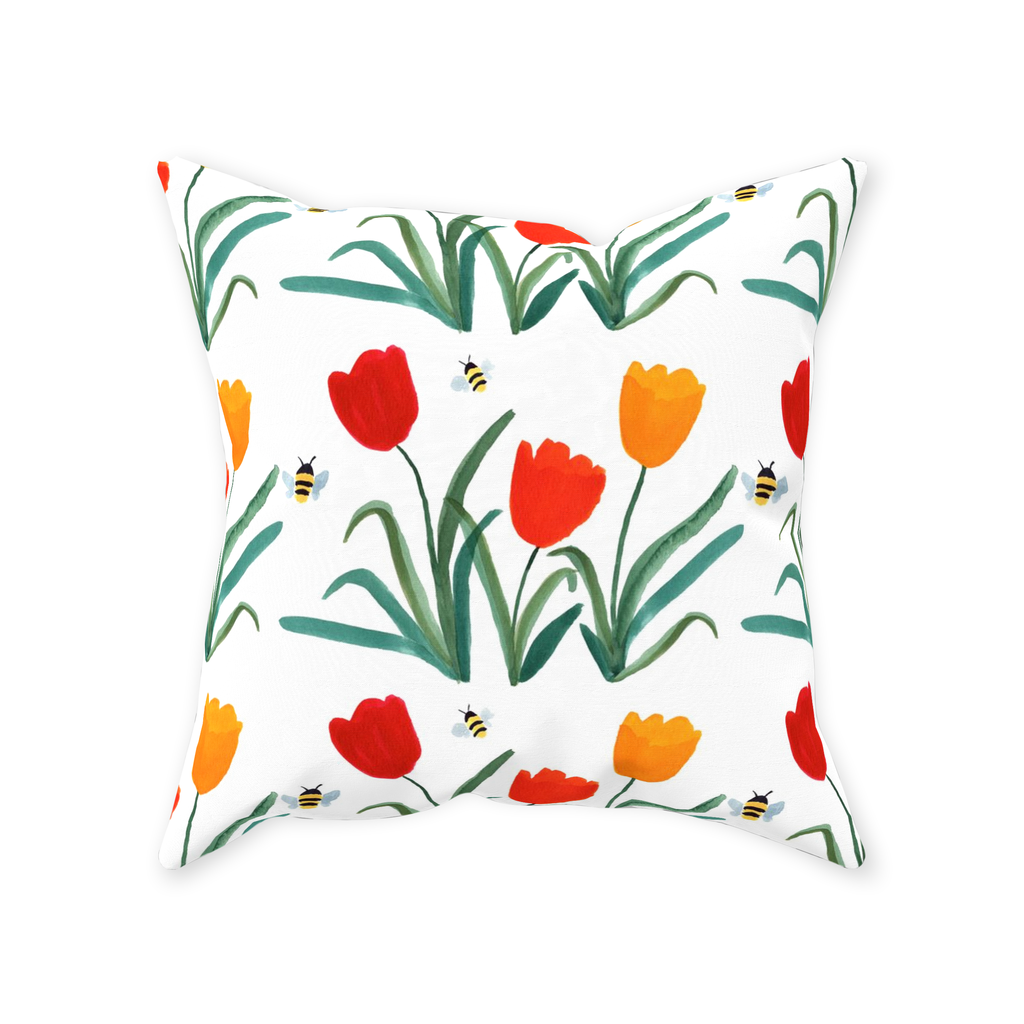 Tulips and Bees Throw Pillow