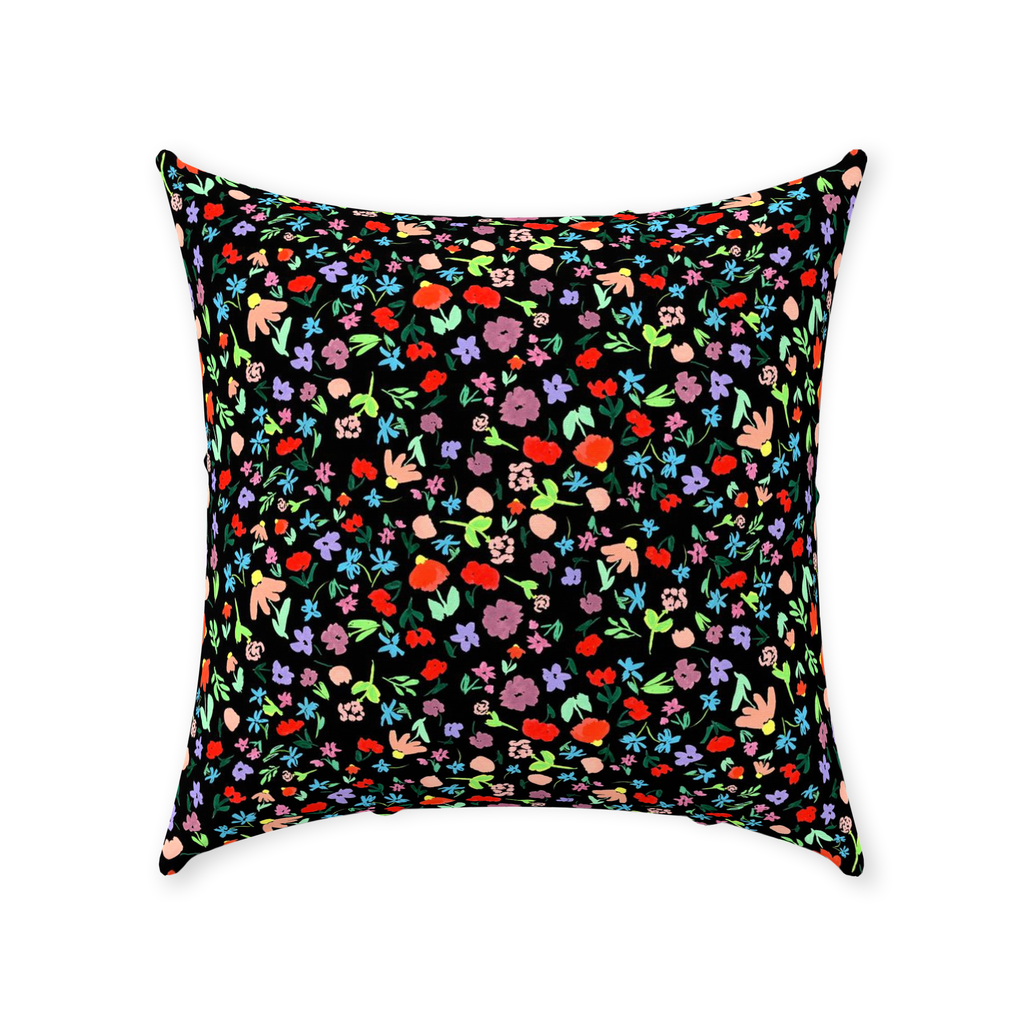 Ditsy Flower Dance on Black Throw Pillow