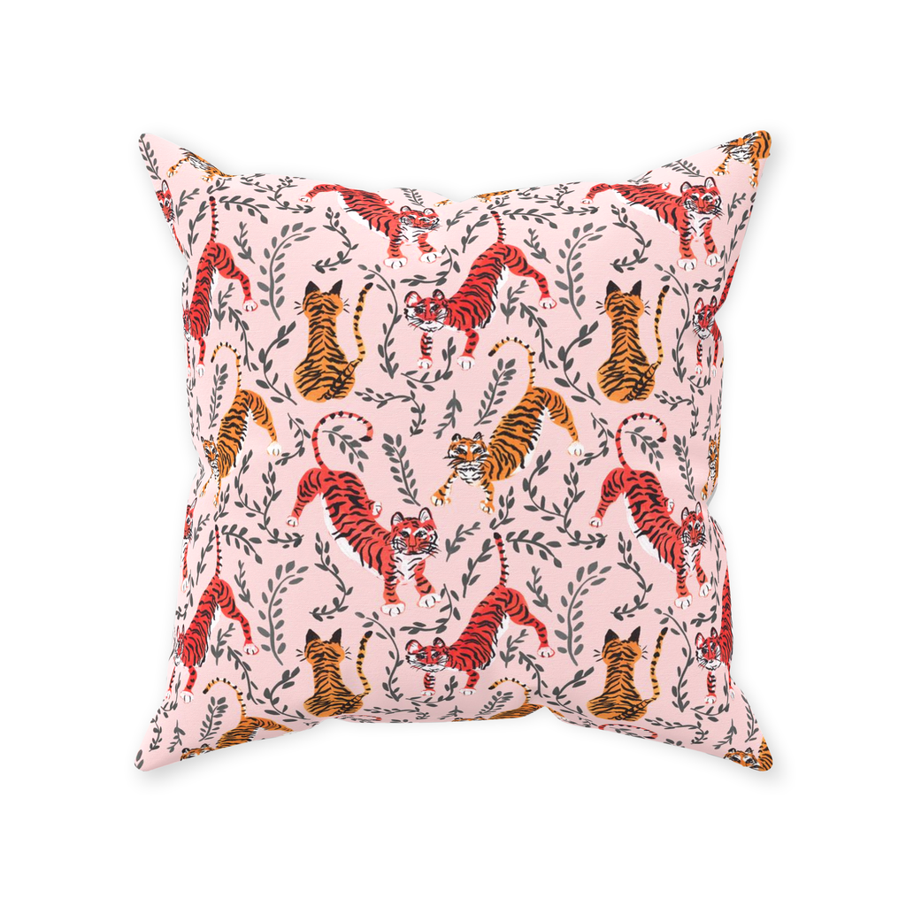 Playful Tigers on Blush Throw Pillow