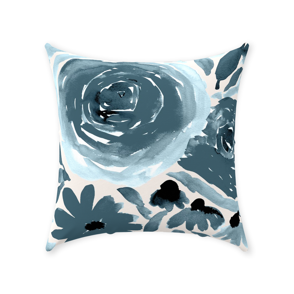 Whimsical Blue Grey Flowers Throw Pillow