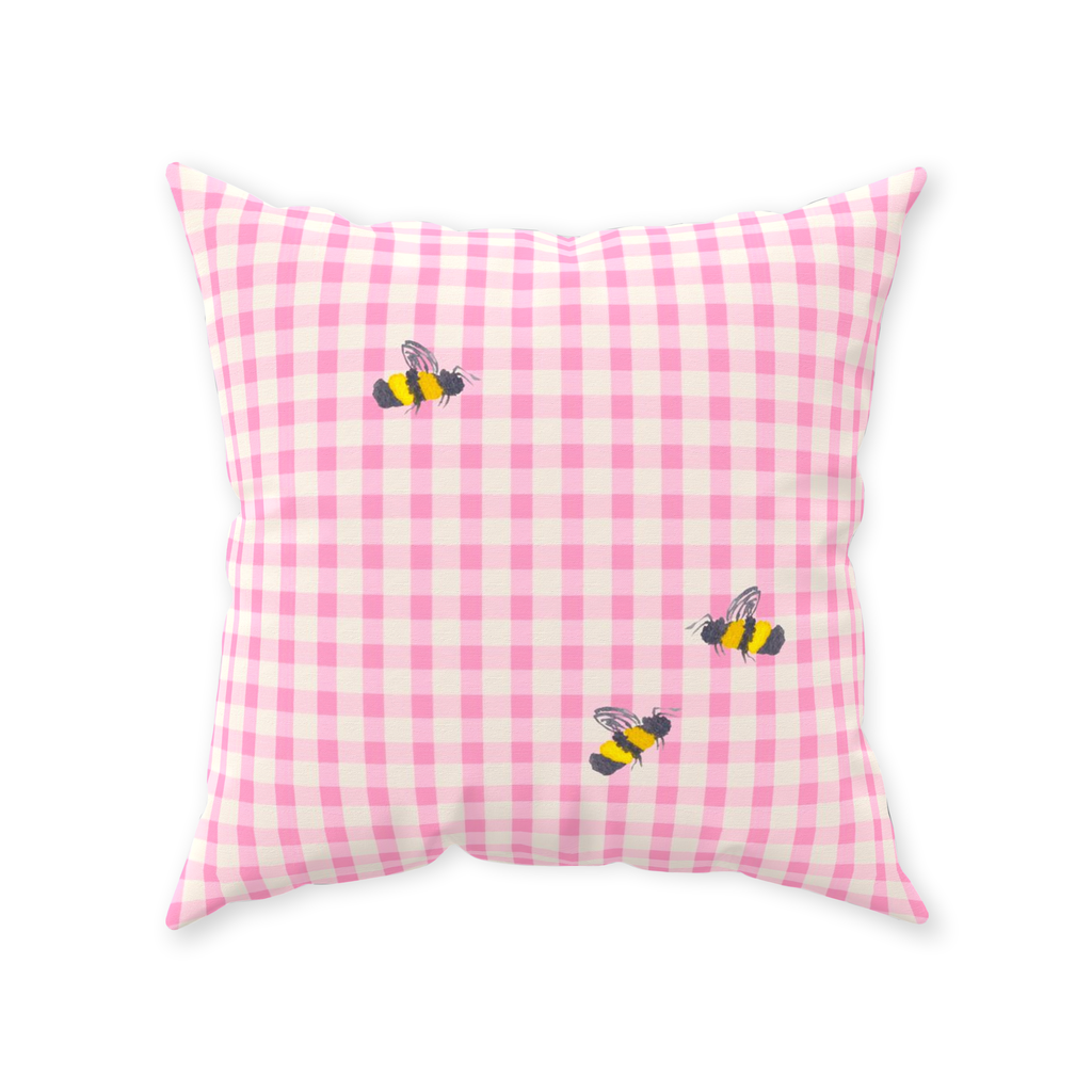 Pink Gingham and Bumblebees Throw Pillow