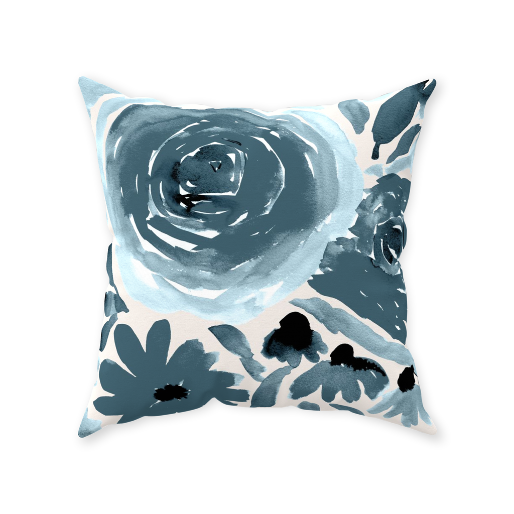 Whimsical Blue Grey Flowers Throw Pillow