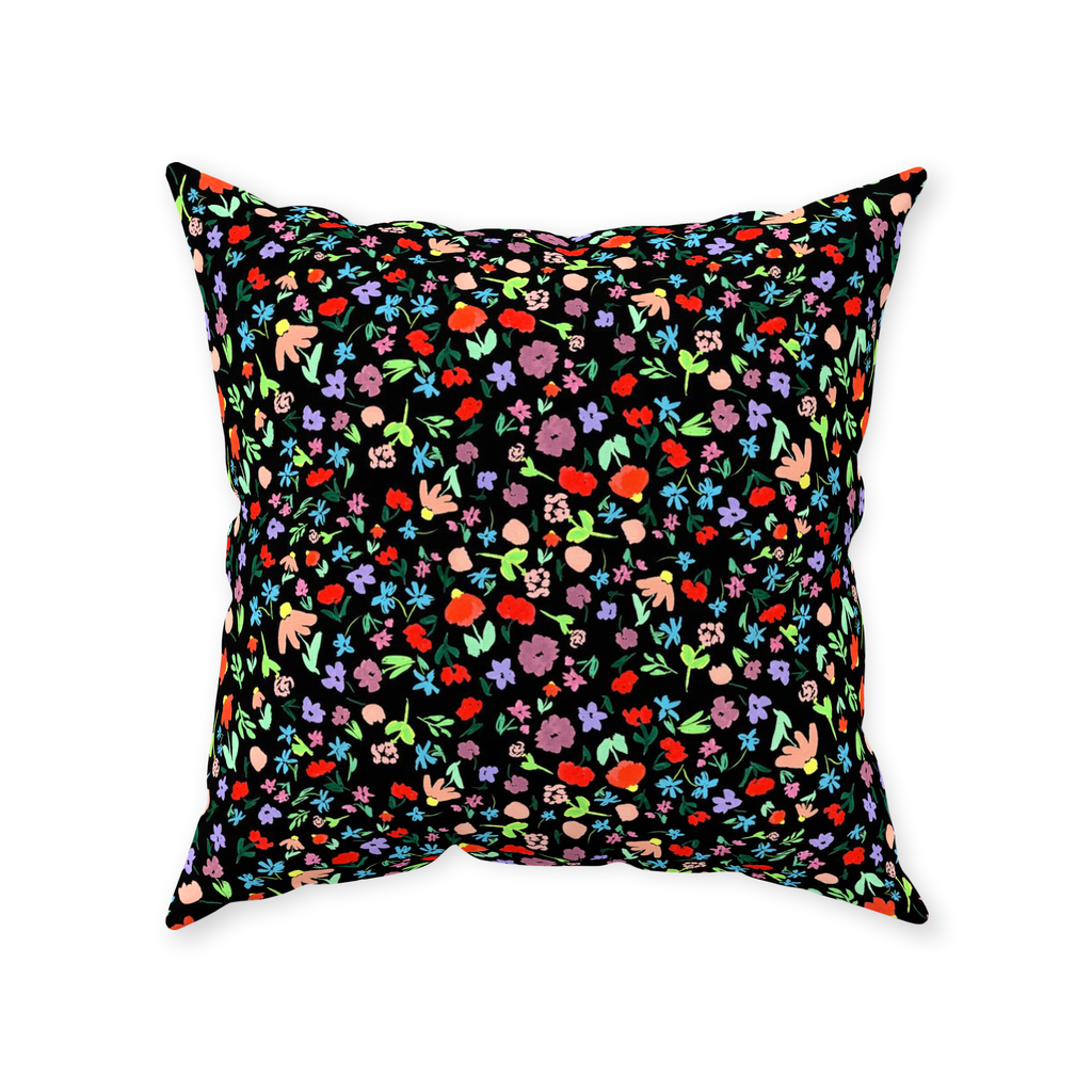 Ditsy Flower Dance on Black Throw Pillow