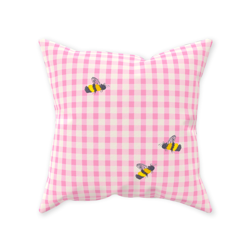 Pink Gingham and Bumblebees Throw Pillow