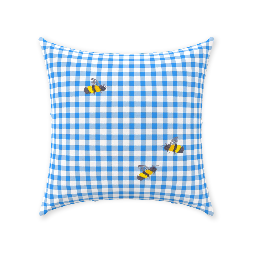 Blue Gingham and Bumblebees Throw Pillow