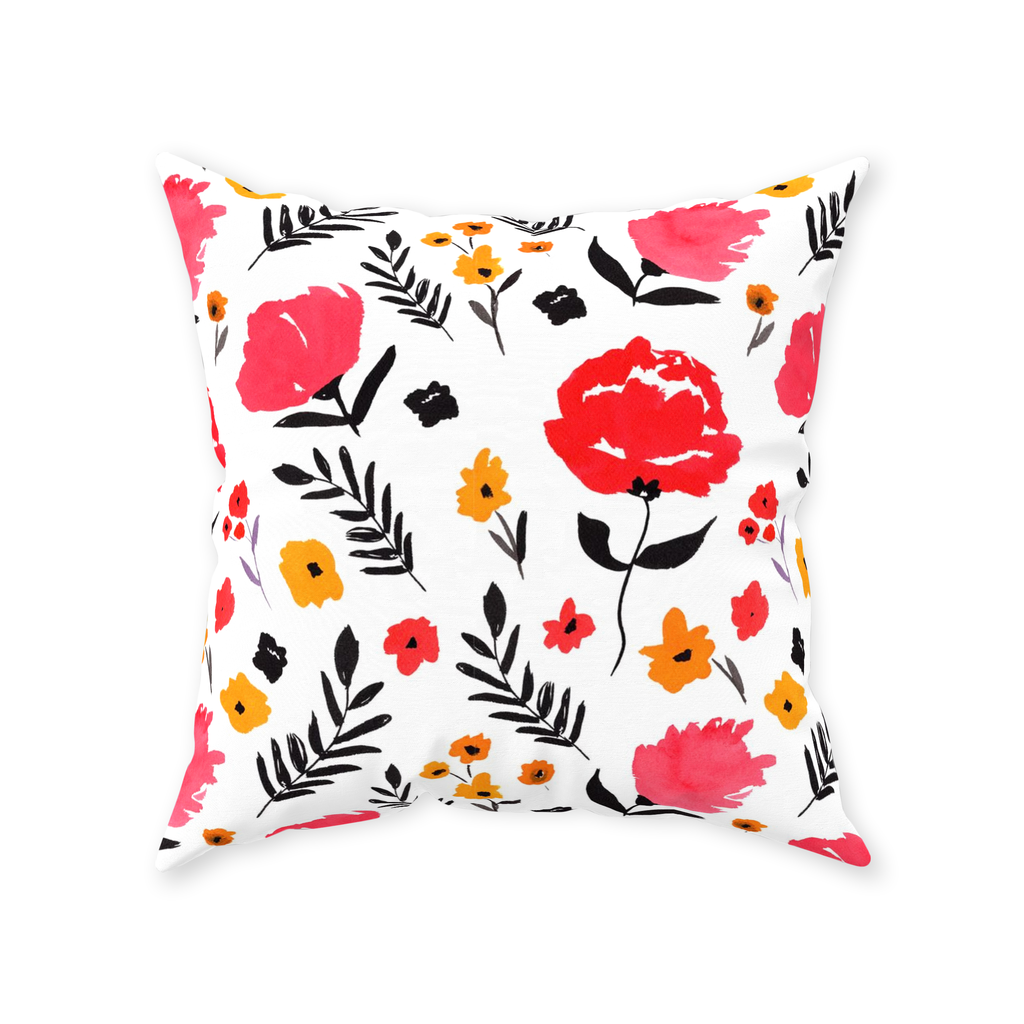 Inky Red Flowers Throw Pillow