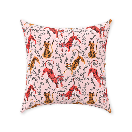 Playful Tigers on Blush Throw Pillow