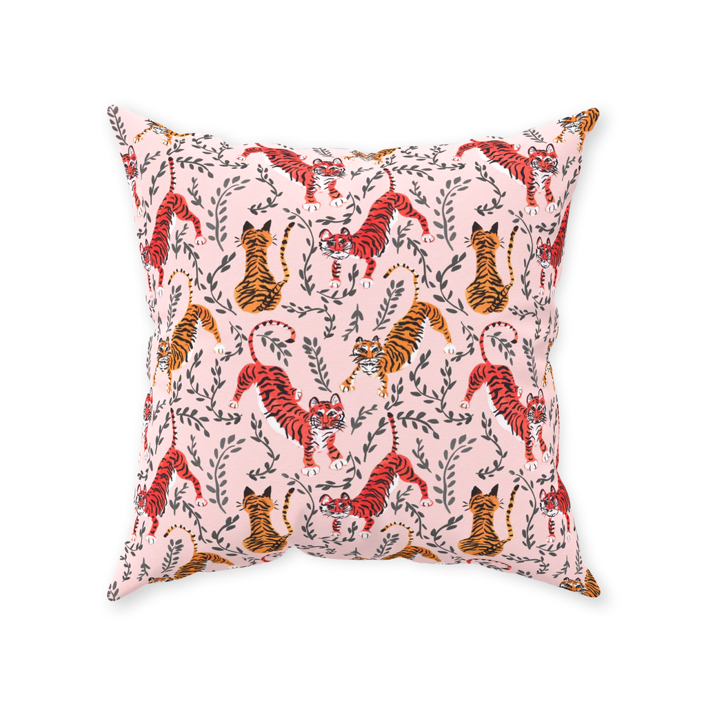 Playful Tigers on Blush Throw Pillow