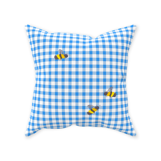 Blue Gingham and Bumblebees Throw Pillow