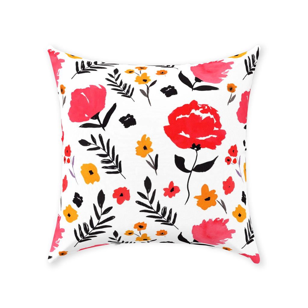 Inky Red Flowers Throw Pillow