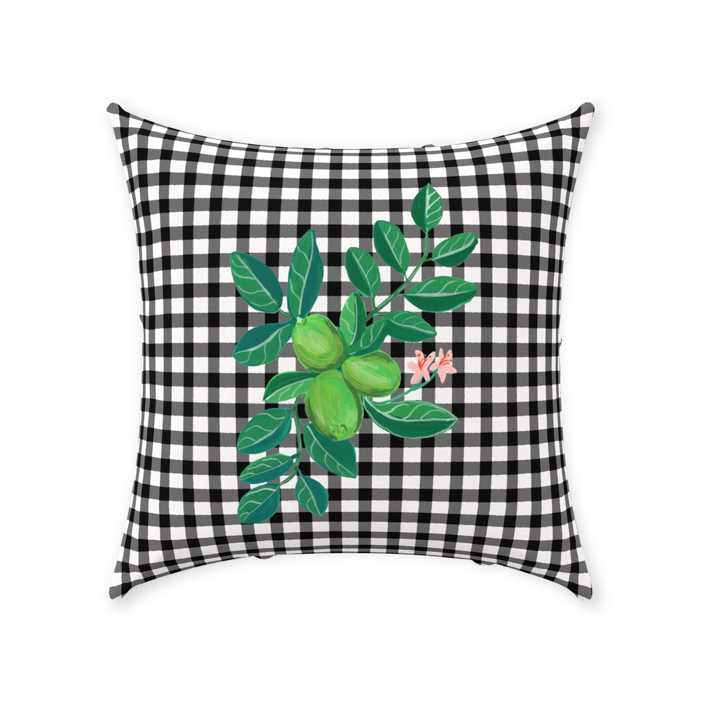 Lime on Black and White Gingham Throw Pillow