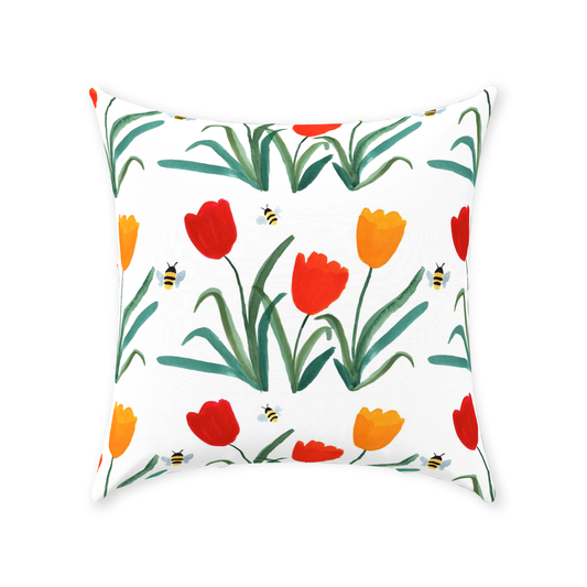 Tulips and Bees Throw Pillow