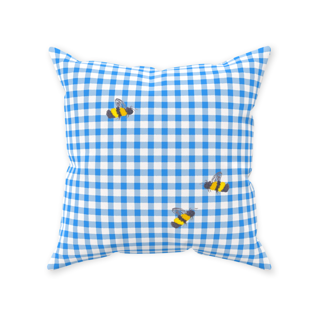 Blue Gingham and Bumblebees Throw Pillow