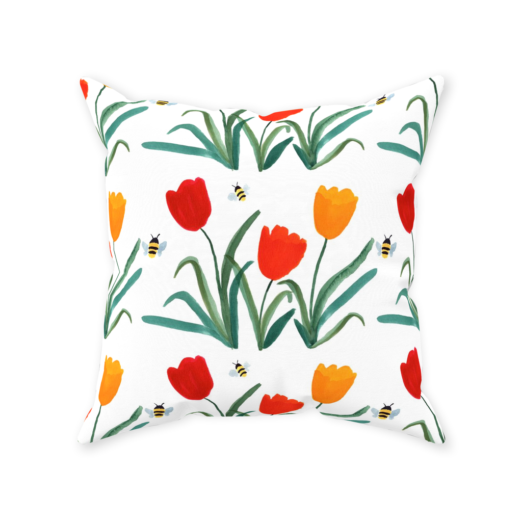 Tulips and Bees Throw Pillow