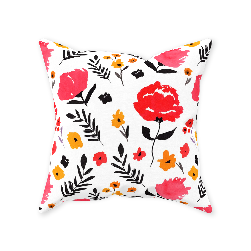 Inky Red Flowers Throw Pillow