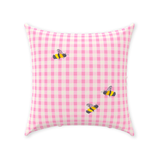 Pink Gingham and Bumblebees Throw Pillow