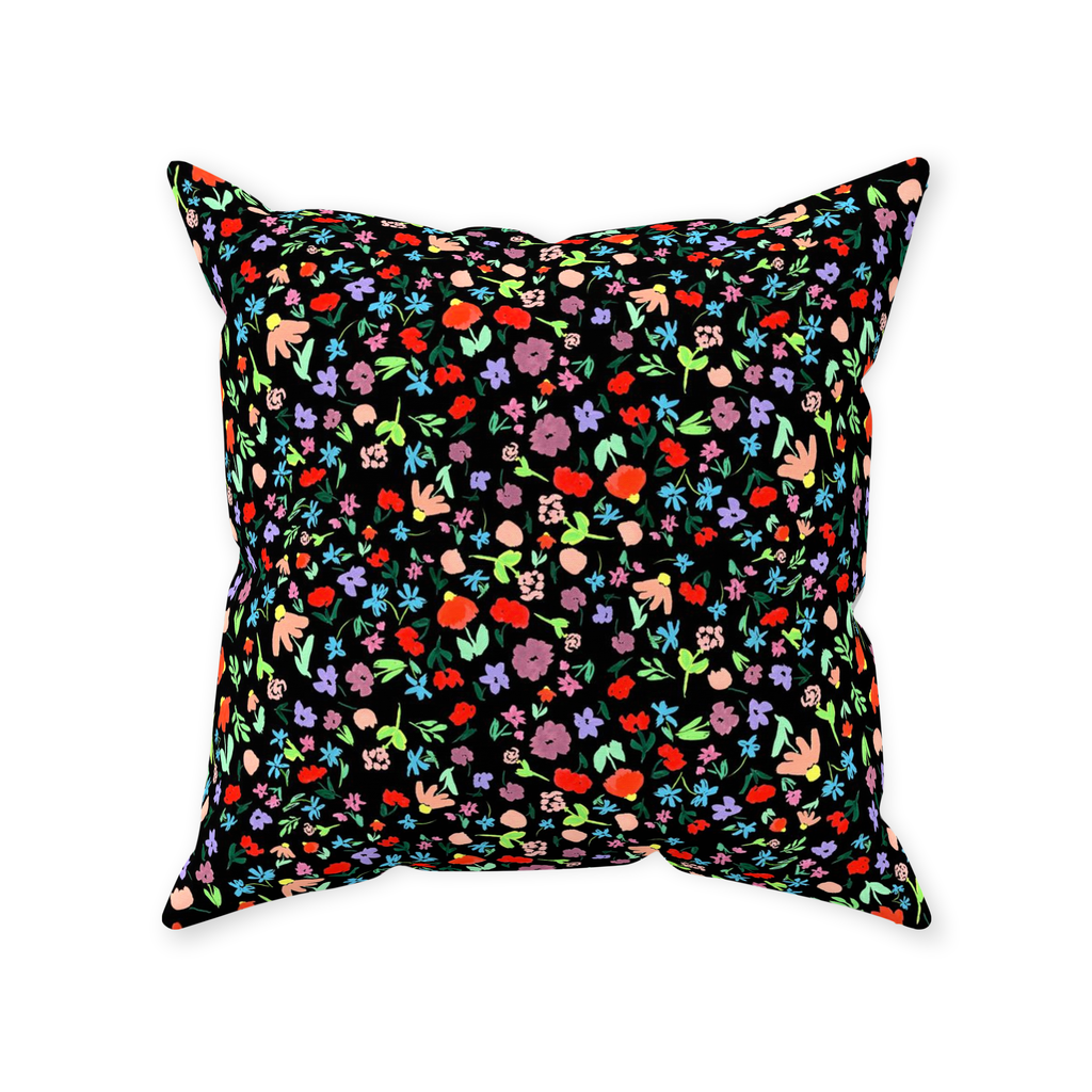 Ditsy Flower Dance on Black Throw Pillow